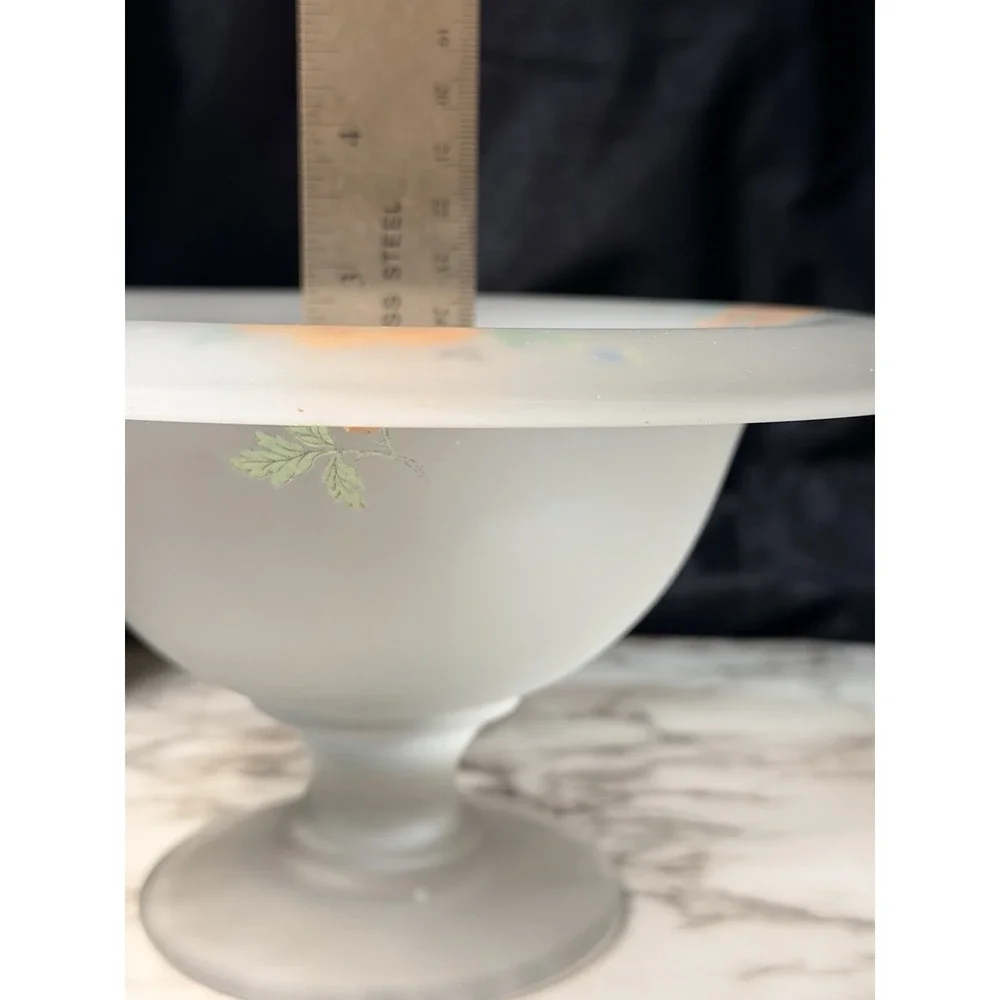 FROSTED SATIN GLASS PEDESTAL CANDY/CENTER BOWL‎ WITH HANDPAINTED FLOWERS (2797)